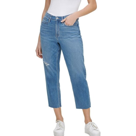 JR79 Calvin Klein Jeans Distress Cropped High-Rise Straight-Leg Jeans 28 x 24 - Picture 1 of 1